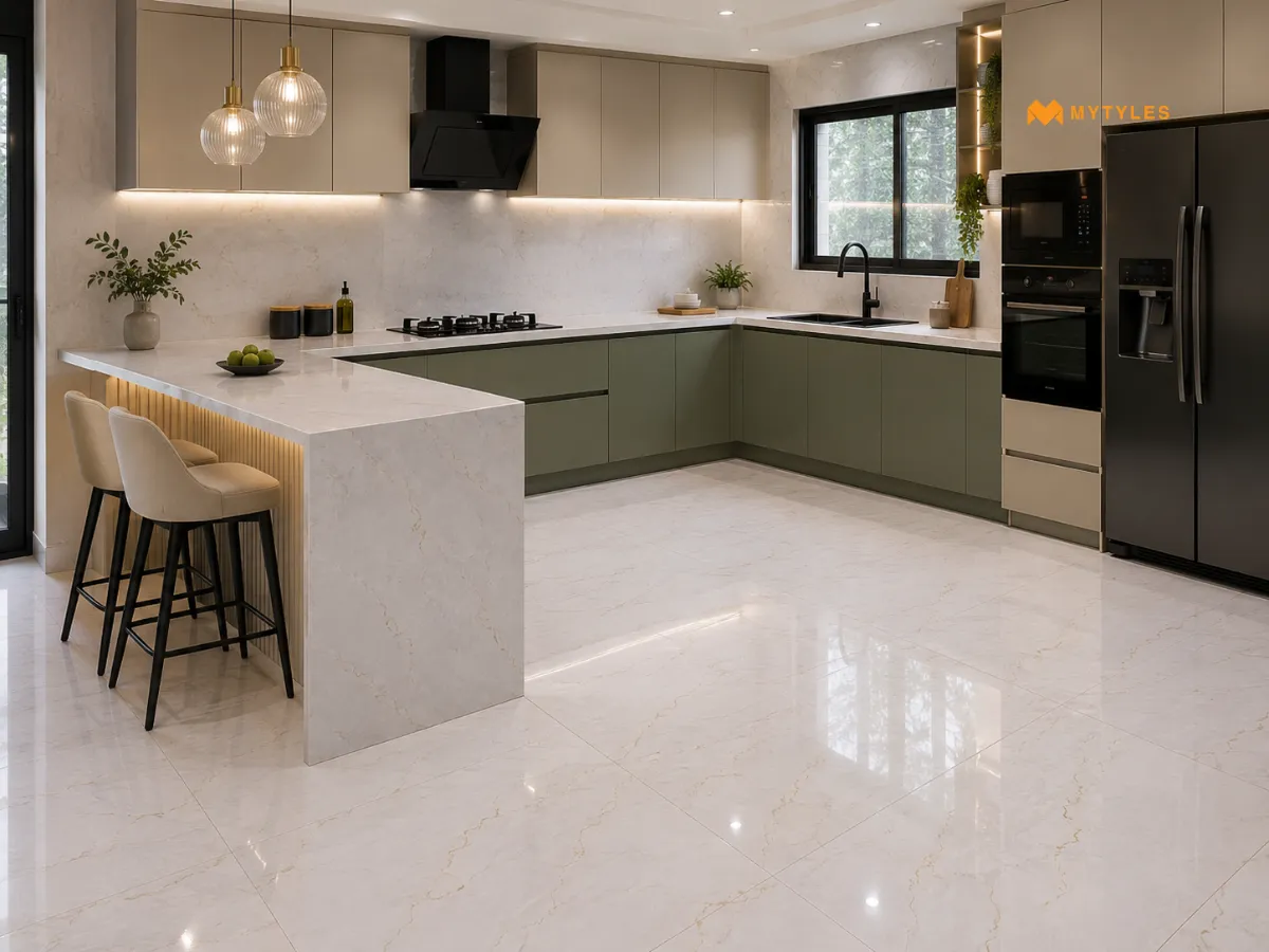 Off White Marble Tiles in Kitchen